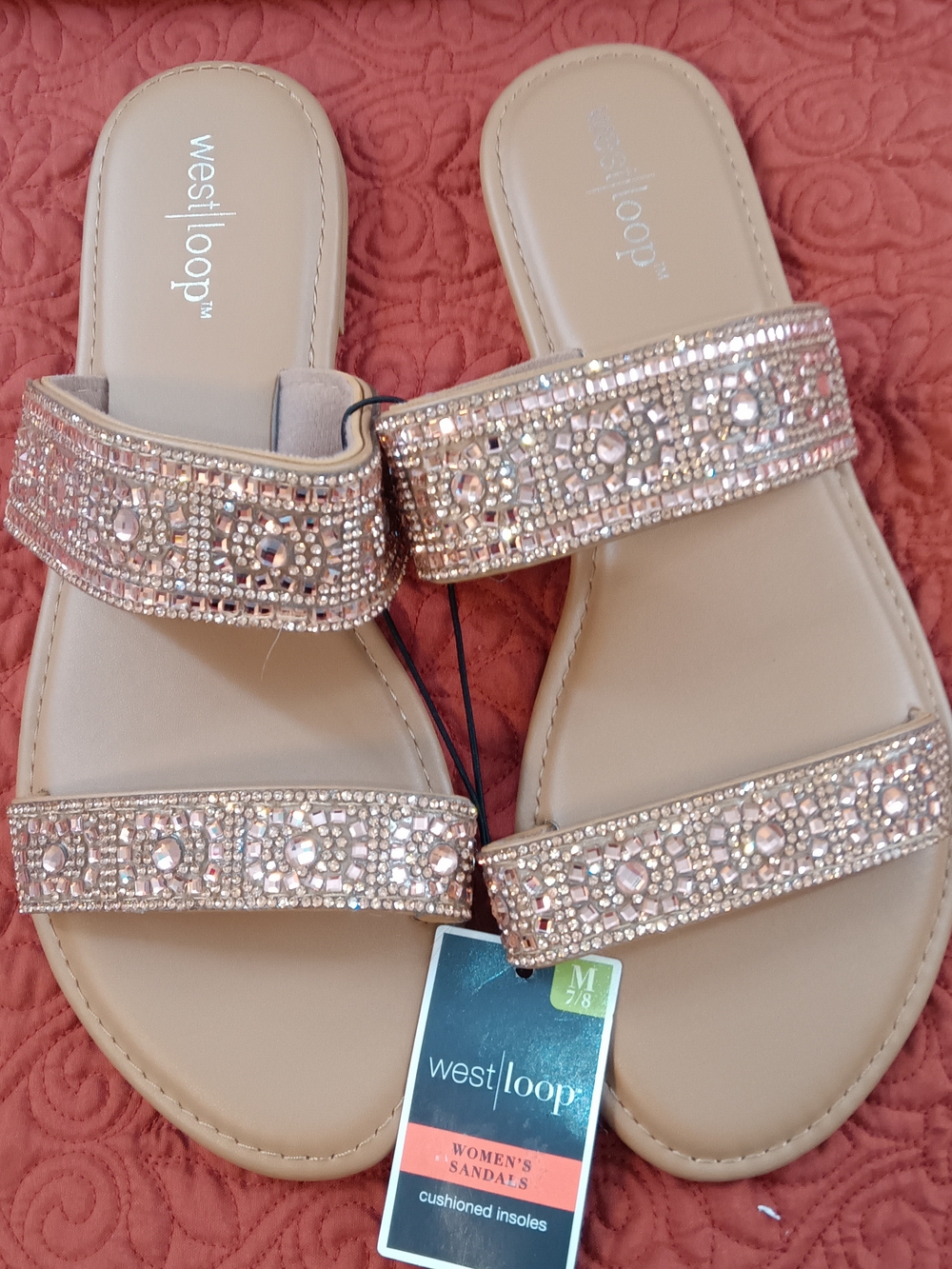 West loop Rose Gold Embellished Double-Strap Slide Sandals